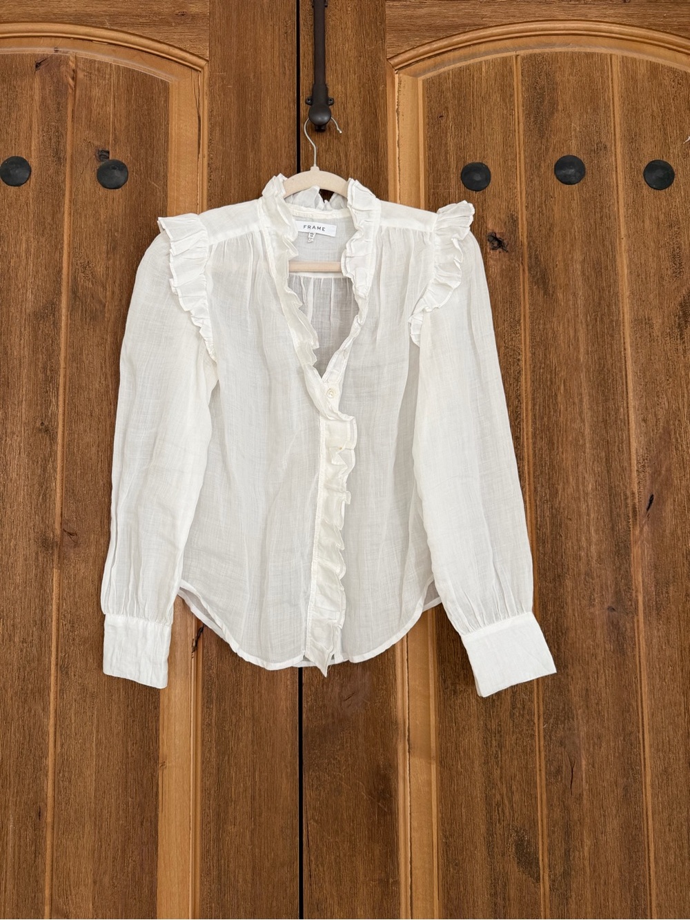 NWOT Frame Denim White Ruffle-Trim Gauze Blouse
